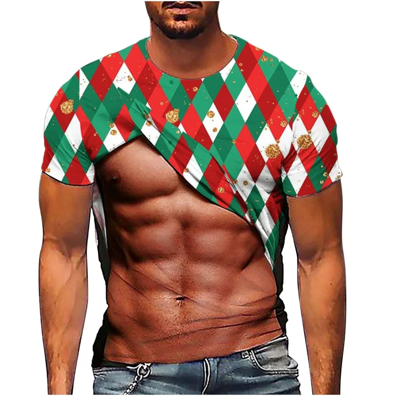 Funny 3d Print Ugly Christmas T Shirt Men's Round Neck Short Sleeve Xmas Fake Abs Graphic Tee Shirt Ugly Christmas Tops Men Gift