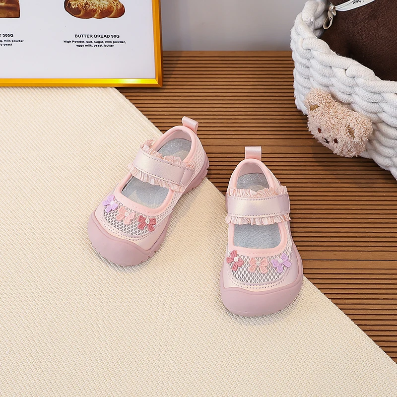 Girls Mary Jane Mesh Shoes Casual Shoes Kids Breathable Ruffle Flats Children Butterfly Decor Shoes Non-slip Kids Sandals
