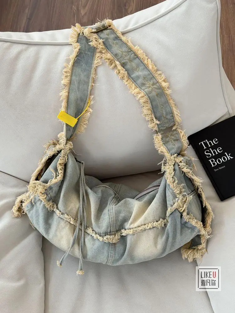 2026 European And American Denim Canvas Pleated Edge Portable Personalized High-end Fashion Single Shoulder Crossbody Bag Trendy