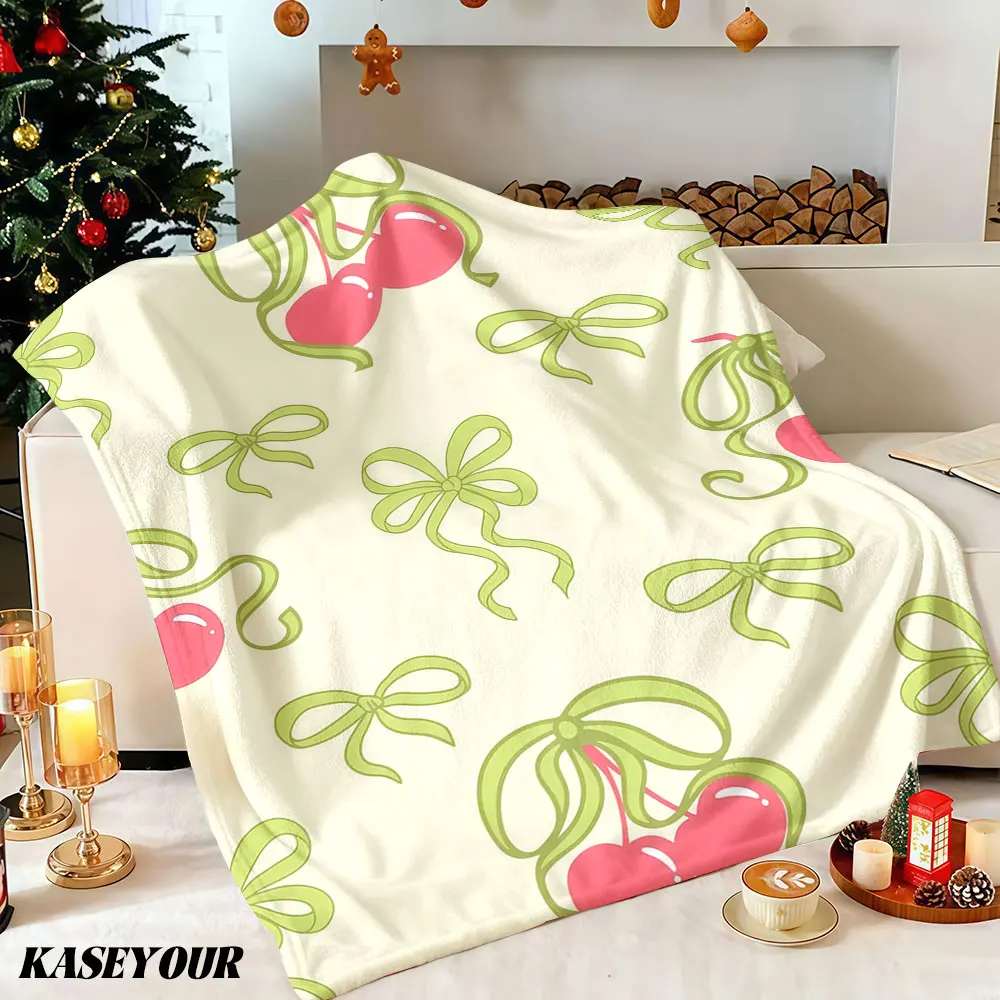 Cherry Bow Print Winter Summer Flannel Blanket Throw Fleece Soft Fuzzy Plush Cozy Fleece Blankets for Sofa Ideal Gifts