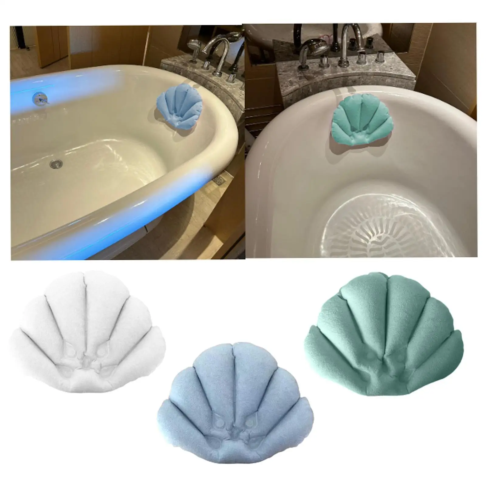 Portable Shell Shaped Inflatable Bath Pillow Nonslip Head Supports Cushion Comfortable Suction Cup Bath Cushion Support for Home