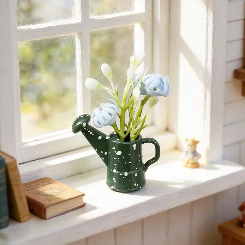 1Pcs 1:12 Retro Flower Arrangement Potted Plant Alloy Flower Vase Mini Green Pot Style Arrangement Home Decor DIY Accessories