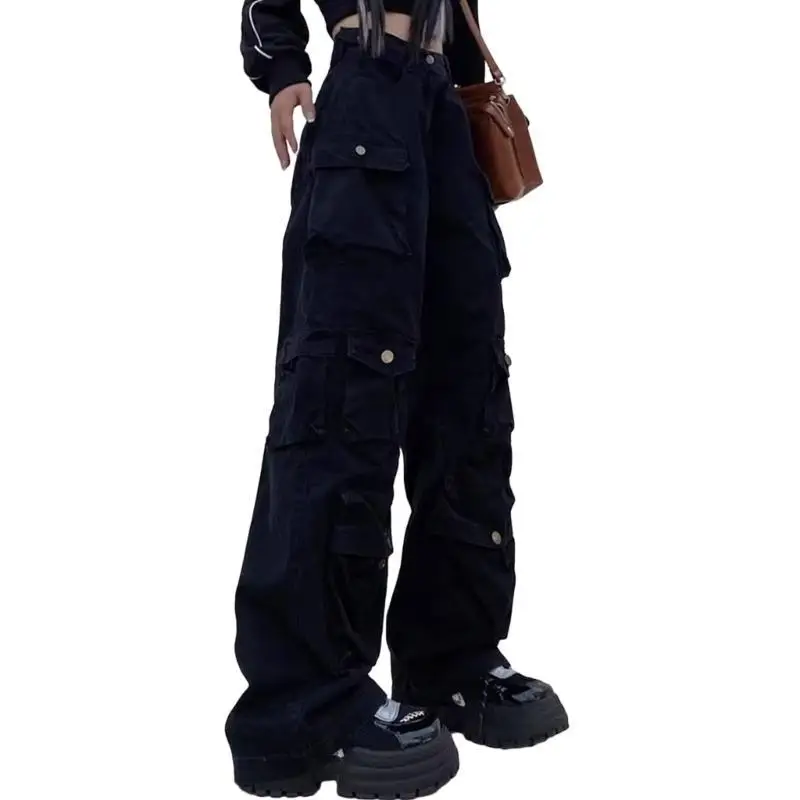 652F Women Baggy Wide Leg Cargo Pants Streetwear Boyfriend Oversized Harajuku Trousers with Multi Flap Pockets