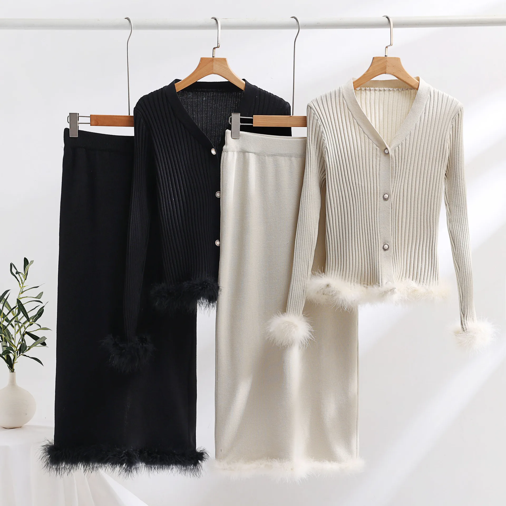 Fur Two Pieces Skirt Set Loungewear Women Sweater Matching Set Sleeve Slim Top Midi Skirt Elegant Wear V Neck Ostrich Feather