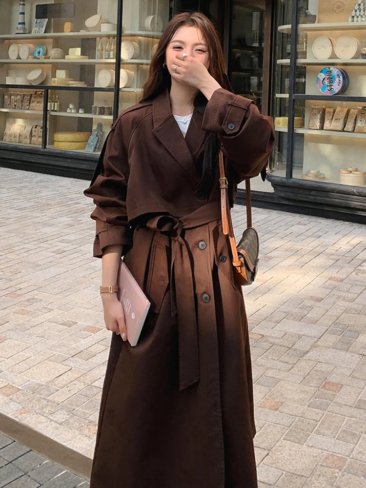 LANMREM Fashion Autumn Long Trench Coat Women Lapel Double Breasted Belt Gathered Waist Windbreaker Office Lady Clothing 2VV281