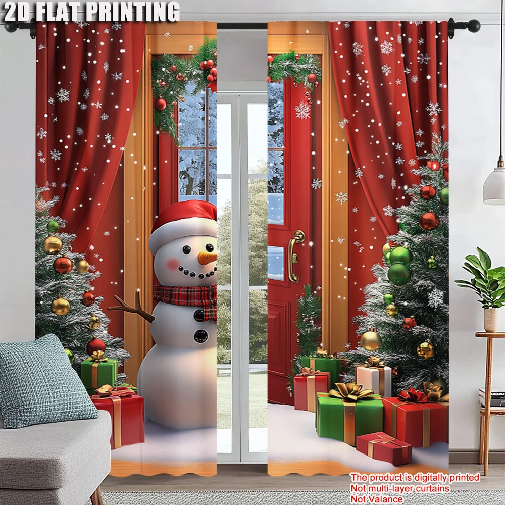 

2Pcs Christmas Window Curtain Snowman Xmas Tree Designs With Snowflakes Rod Pocket Polyester Material For Living Room Kitchen