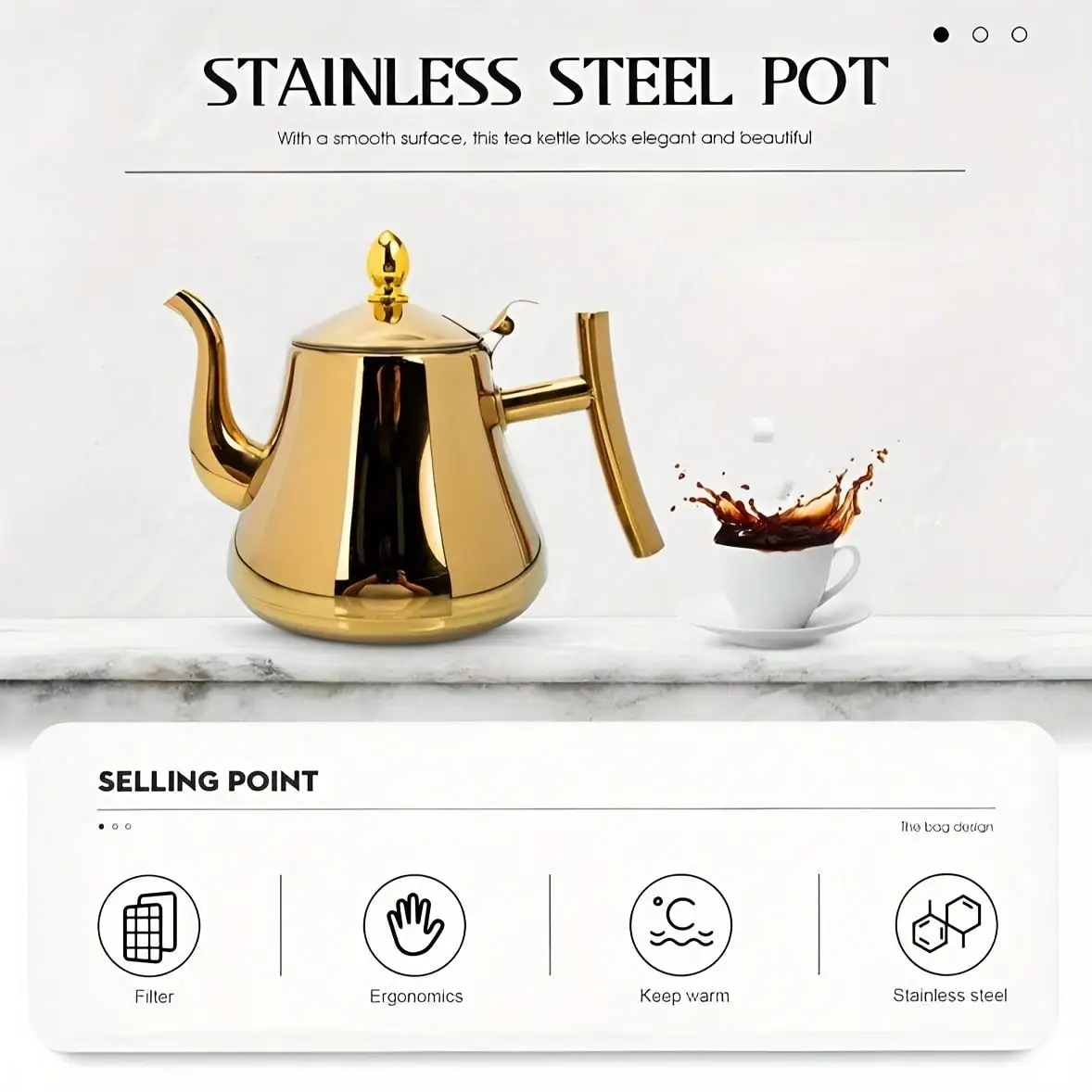 An Elegant Gold Stainless Steel Teapot And Coffee Maker Set With Removable Filter - 1L~1.5L Capacity, Heat-Resistant, Suitable For Home And Restaurant Use - A Complete Tea And Coffee Cooking Set, Teapot Kettle Set