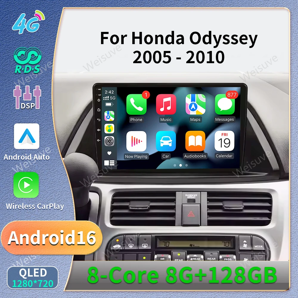 Radio inalámbrica para coche de 9 pulgadas para Honda Odyssey 2005 2006 2007 2008 2009 2010 compatible con Carplay y Android Auto con pantalla táctil mfkj