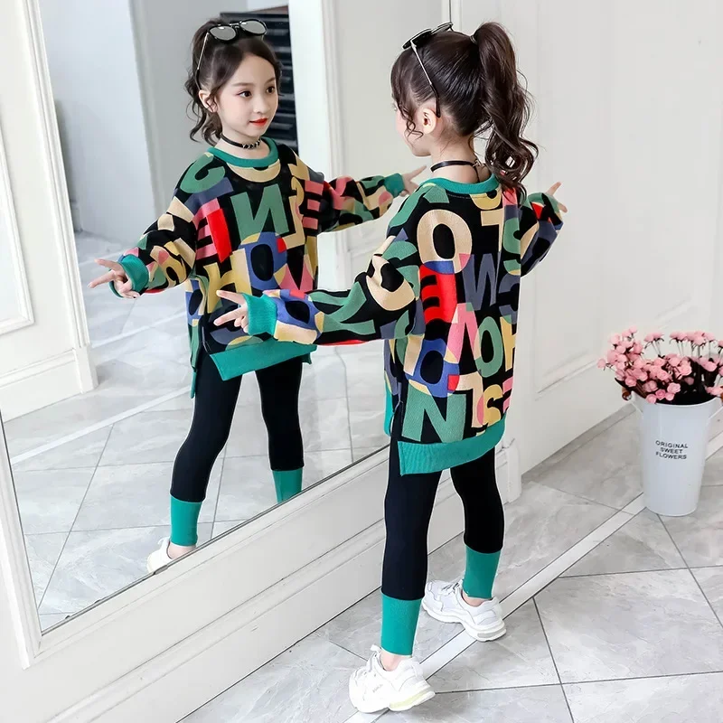 

2025 girls clothes autumn winter letter sweatshirt t-shirt hooded + stretch pants leggings cotton teens child 8 9 10 11 12 year