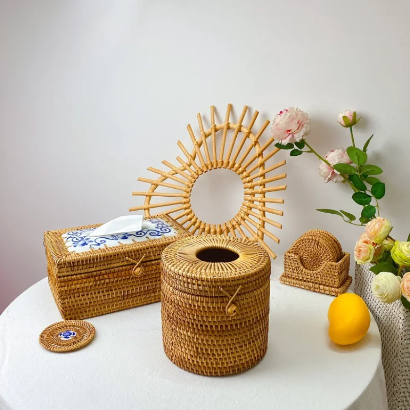 Handmade Rattan Tissue Box Creative Rattan Woven Rectangular Storage Box Vintage Straw Bamboo Products Home Decoration Organizer