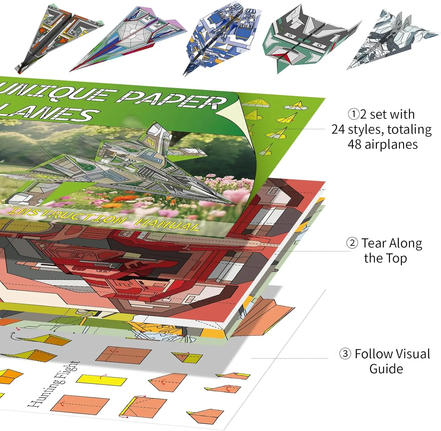 6-12세 어린이를 위한 48매 종이접기 비행기 키트, 단계별 안내가 포함된 교육용 공예 장난감