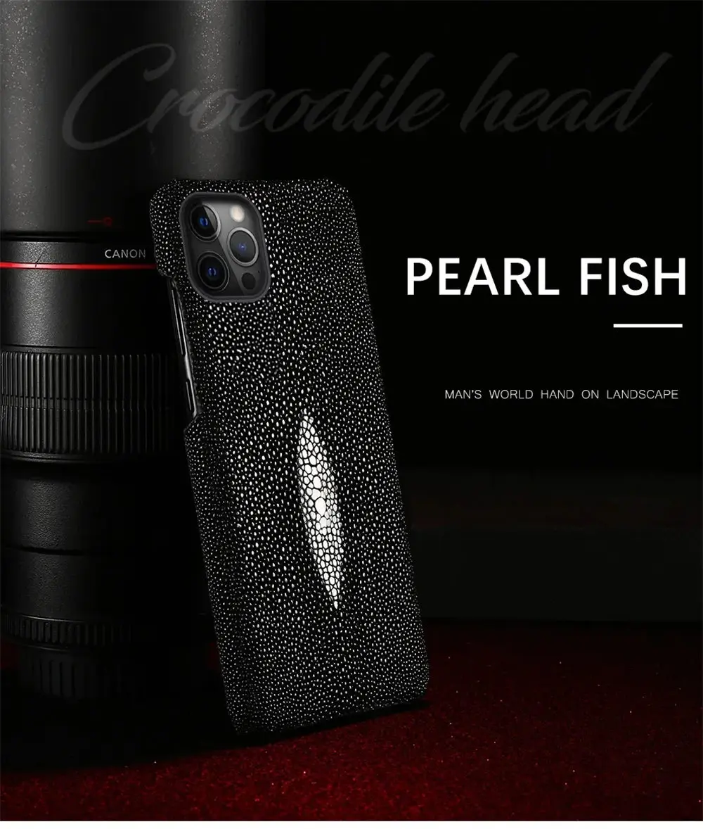 Premium Stingray Leather Case for iPhone 16 15 14 13 Pro Max Pearl Fish Skin Back Cover