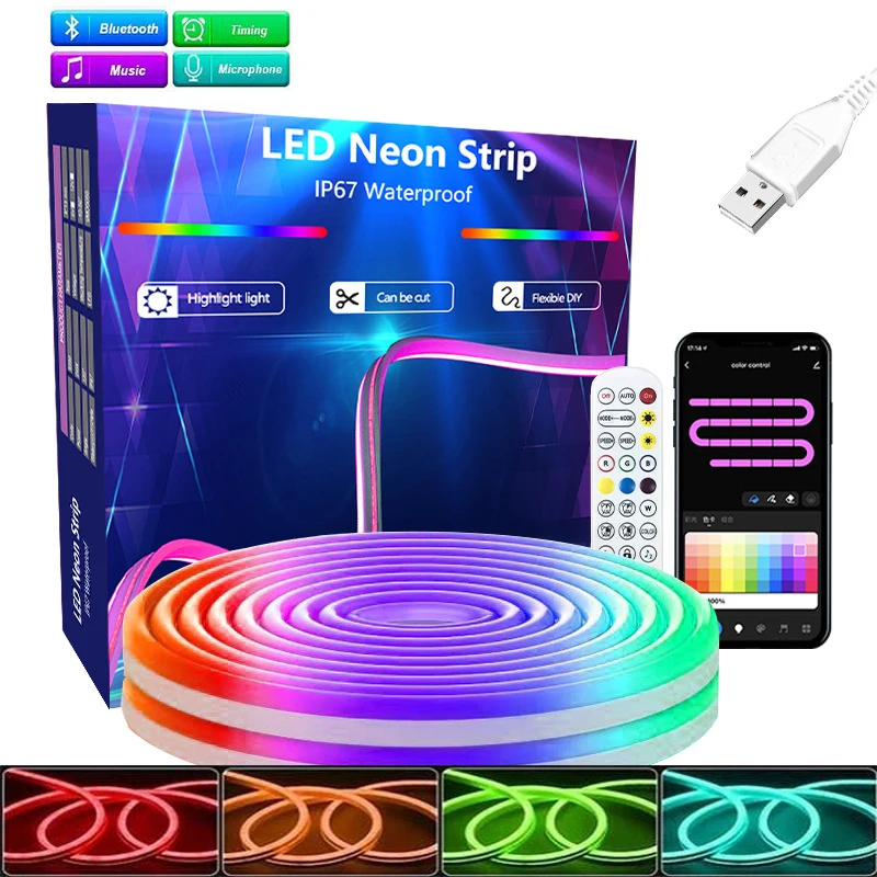 DC5V USB RGB Neonowa taśma LED 1M 2M 3M Wodoodporna taśma neonowa Bluetooth Tuya App Control do dekoracji ścian pokoju Fairy Light