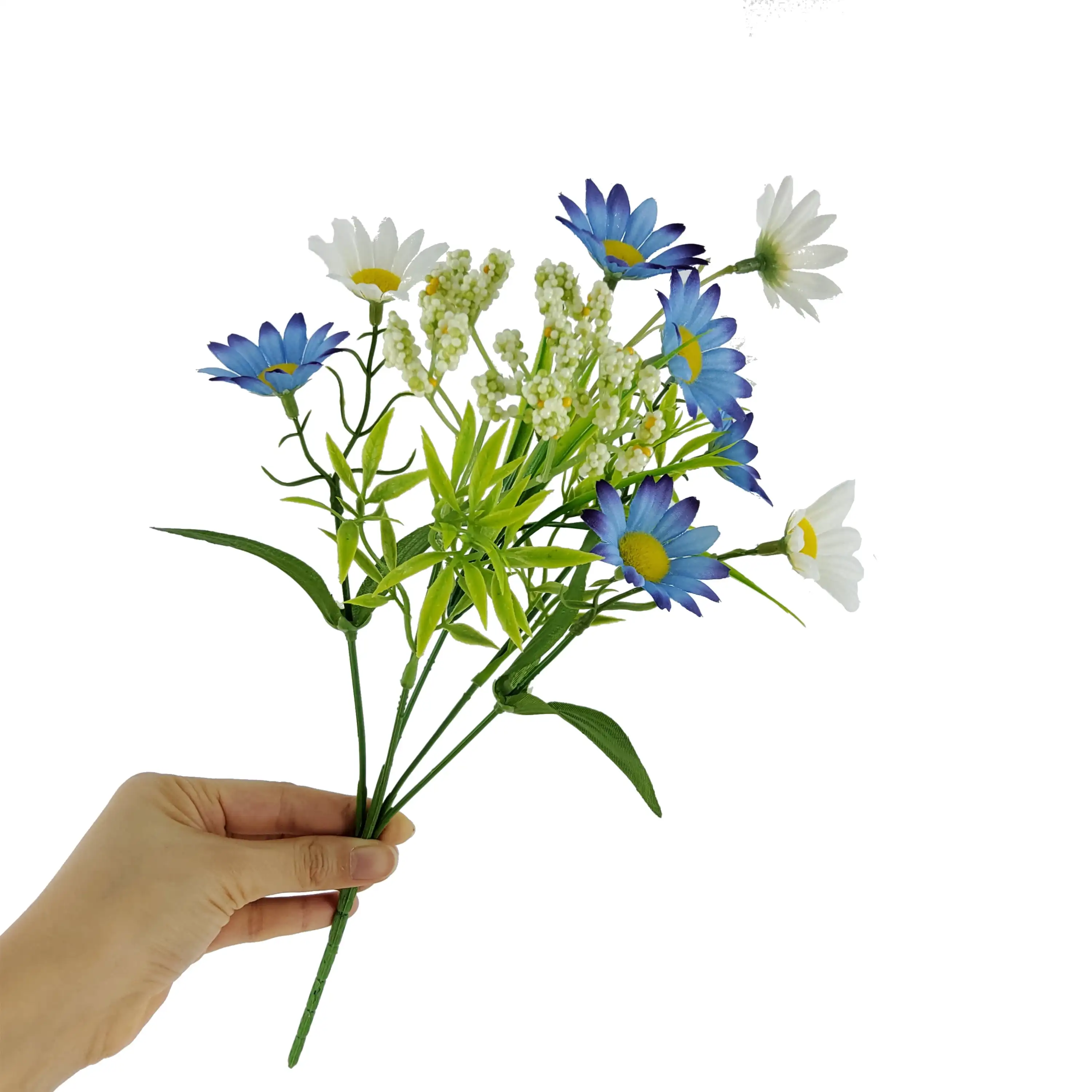 Escolha de margaridas artificiais internas de 14 polegadas, cor azul e branca.