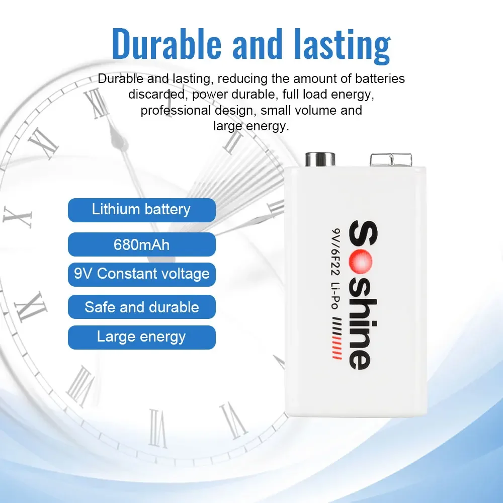 Soshine 9V 6F22 Rechargeable Battery 680mAh Li-Po Lithium Batteries for Smoke Alarm Multimeter Massager Toy 4 Years Shelf Life