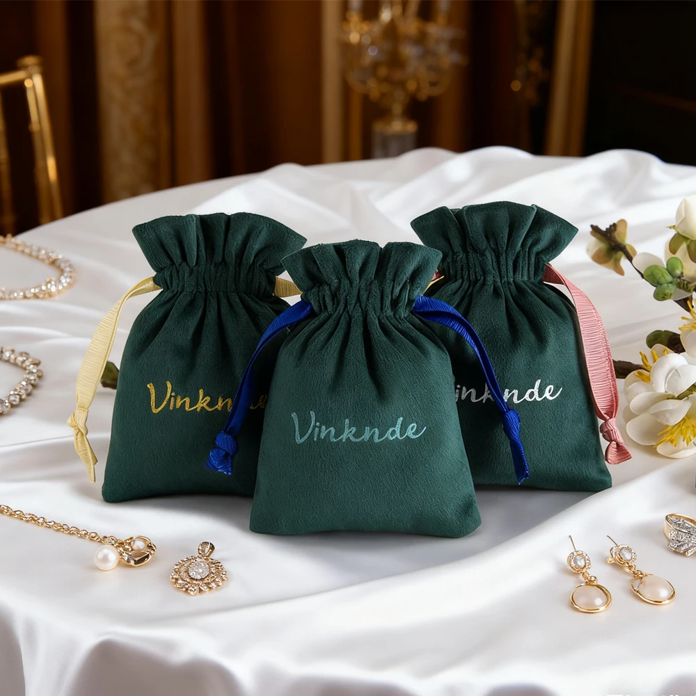 

Настраиваемый логотип, зеленый бархат, сумки для хранения ювелирных изделий на шнурке, дорожная свадебная подарочная сумка, серьги, кольца, ожерелье, мешочки для конфет