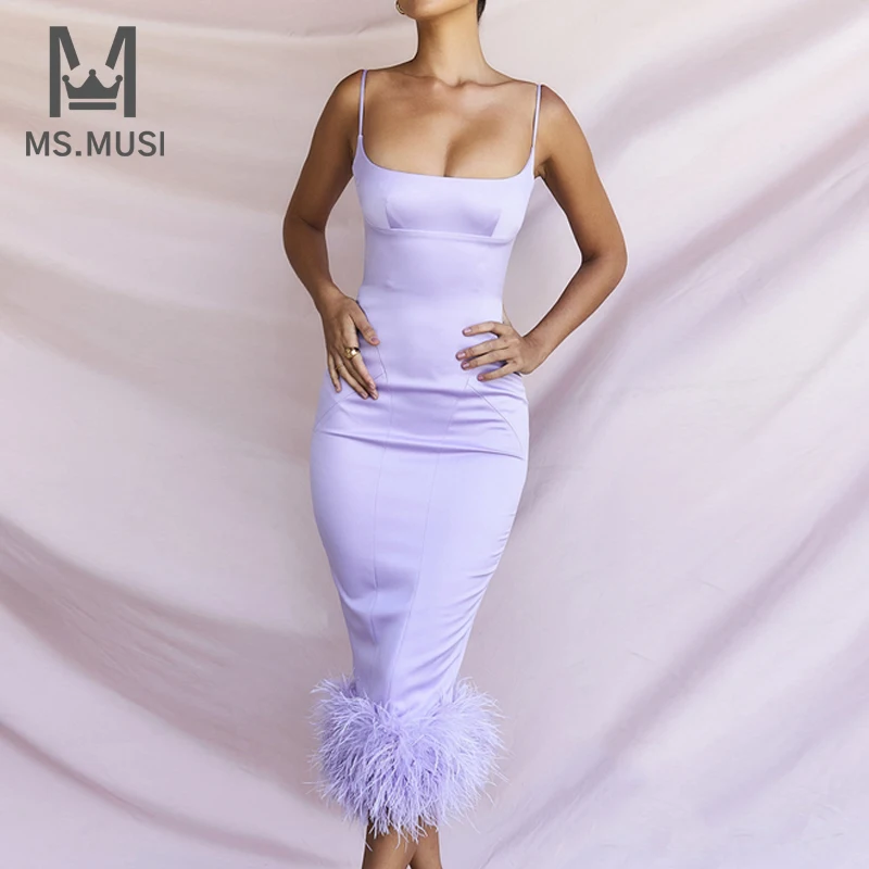 MSMUSI 2024 موضة جديدة للمرأة مثير حزام ريشة سليم أكمام عارية الذراعين نادي الحفلات Bodycon الساتان ميدي فستان الحدث Vestidos