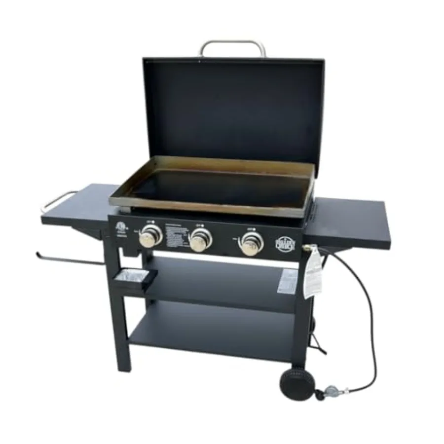 Plancha de gas con tapa abatible, protectores contra el viento, gestión de grasa frontal, 4 estantes, plancha de propano para parrillas planas, cocina al aire libre