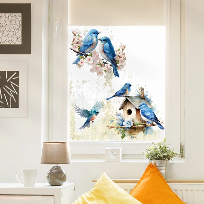 Watercolor Blue Birds & Cherry Blossom Window Cling Stickers, Wooden Birdhouse Spring Floral Glass Decor
