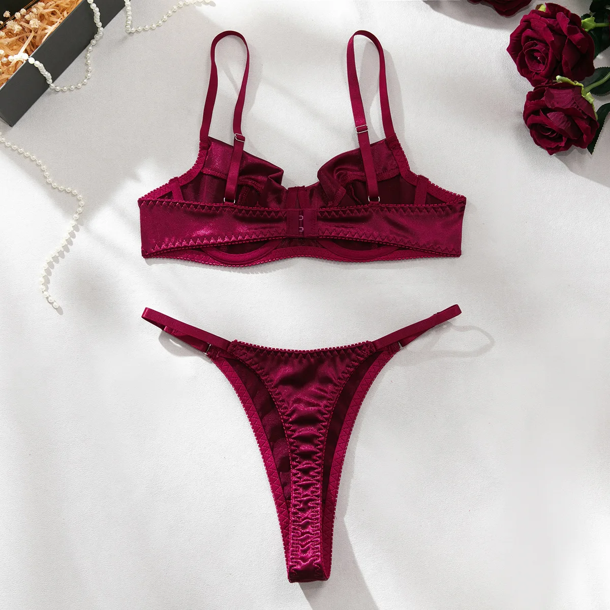 2 Pcs Sexy Underwear Women Bra Set Underwire Push Up Satin Patchwork Bras and Thongs Suits Attractive Bilizna Intimate Set