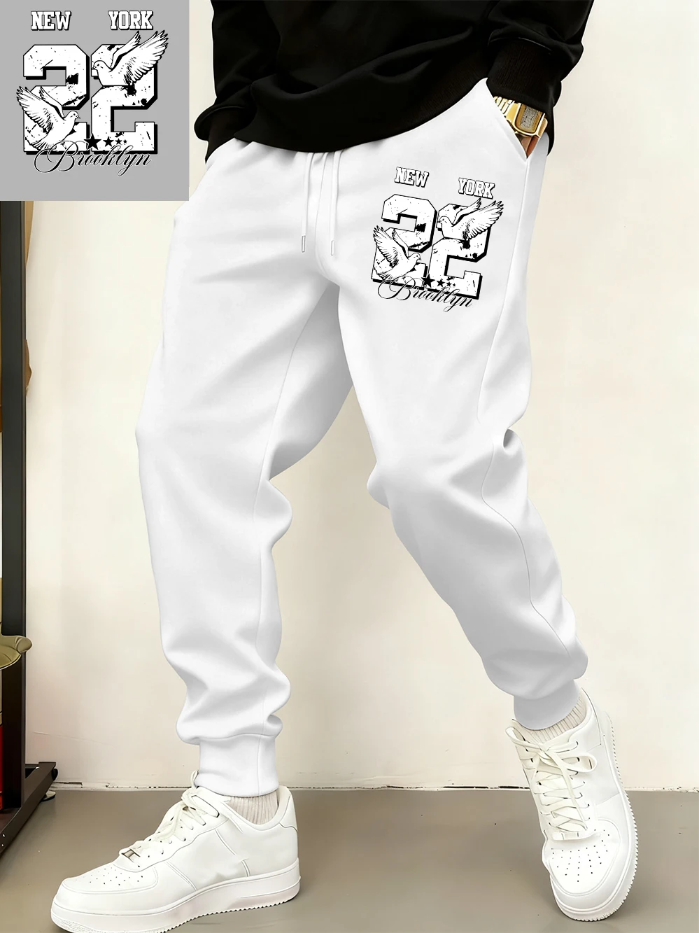 

Нью-Йорк Бруклин 22, спортивные штаны с принтом, мужские повседневные брюки для бега с карманами, зимние флисовые теплые свободные брюки, базовая мужская уличная одежда