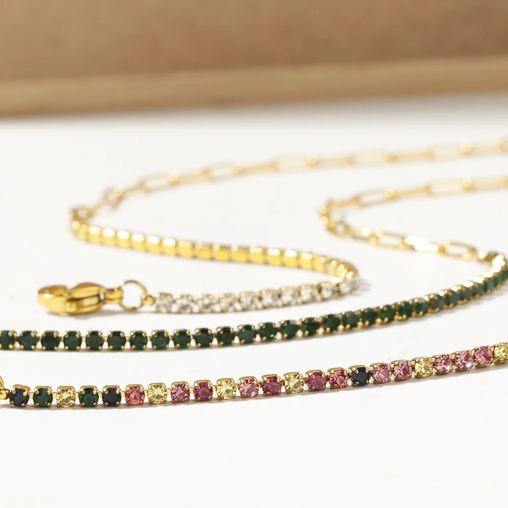 18K Gold Plated Stainless Steel Stackable Chain Bracelet Women's 2mm Thin Colorful CZ Bracelets Exquisite Jewelry Does Not Fade