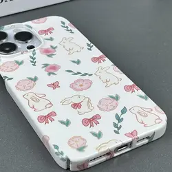 Full Screen Cute Rabbit Flowers Bow Phone Case for iPhone 16 15 14 13 12 11 Pro Max XS XR XSMax 6 7 8 Plus Glossy HD Hard Cover