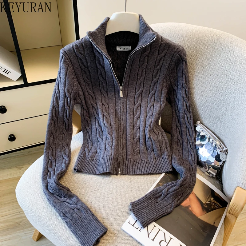 

Весенне-осенний женский укороченный кардиган в стиле ретро, однотонный, приталенный, с длинными рукавами, в корейском стиле, на молнии, вязаный топ