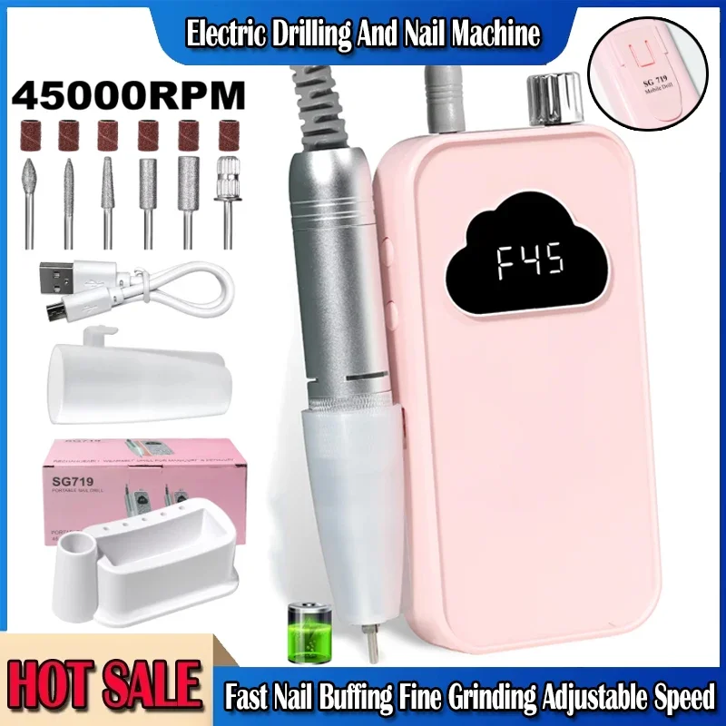 

Profesional 45000RPM Electric Nail Drill Rechargeable Electric Portable Nail Sander File for Gel Nails Polishing Salon Tool