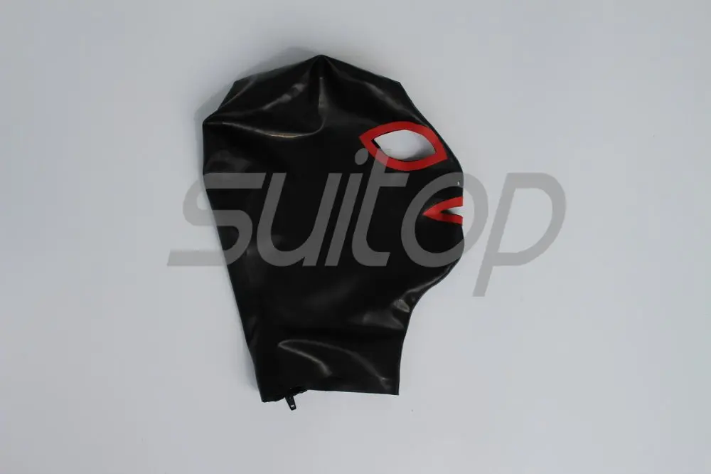 

Suitop Free Shipping latex Hoods black color with red trim masks