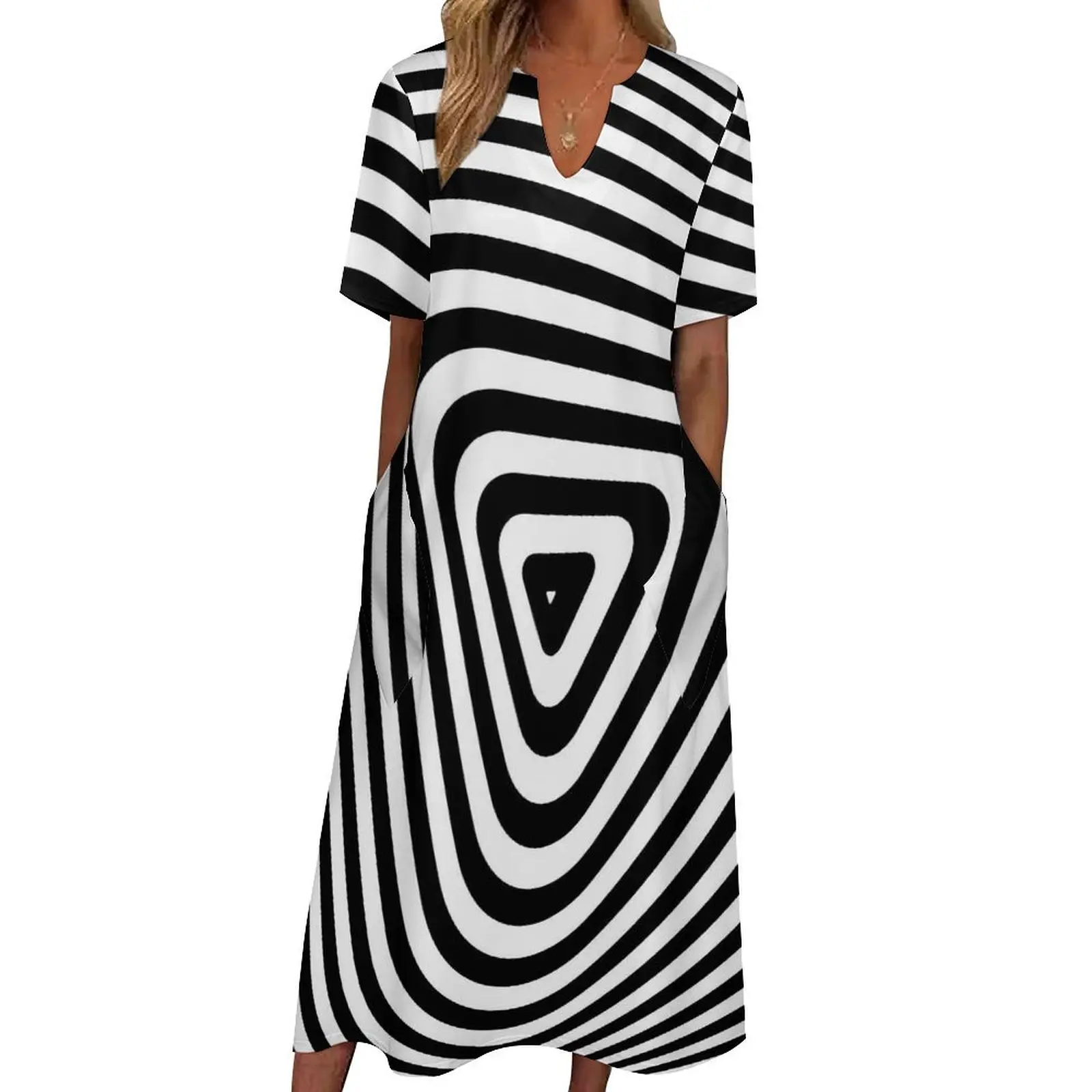 Abstract Striped Dress Triangle Lines Print Trendy Maxi Dress Street Wear Casual Long Dresses Summer V Neck Vestidos Big Size