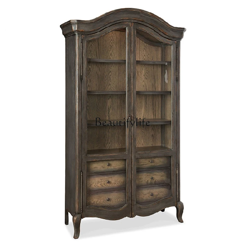 

American neoclassical solid wood display cabinet retro old dining side storage decorative cabinet bookcase