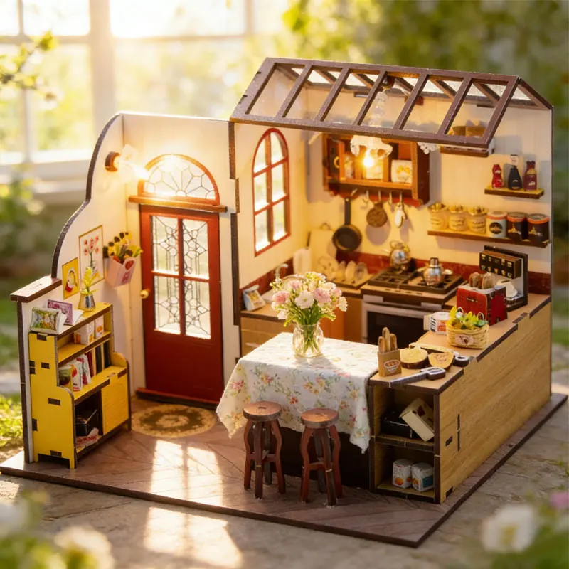 

DIY Miniature Dollhouse Kit Wooden Kitchen Model with LED Light Furniture 3D Puzzle Handmade Craft Birthday Gift for Adults Teen