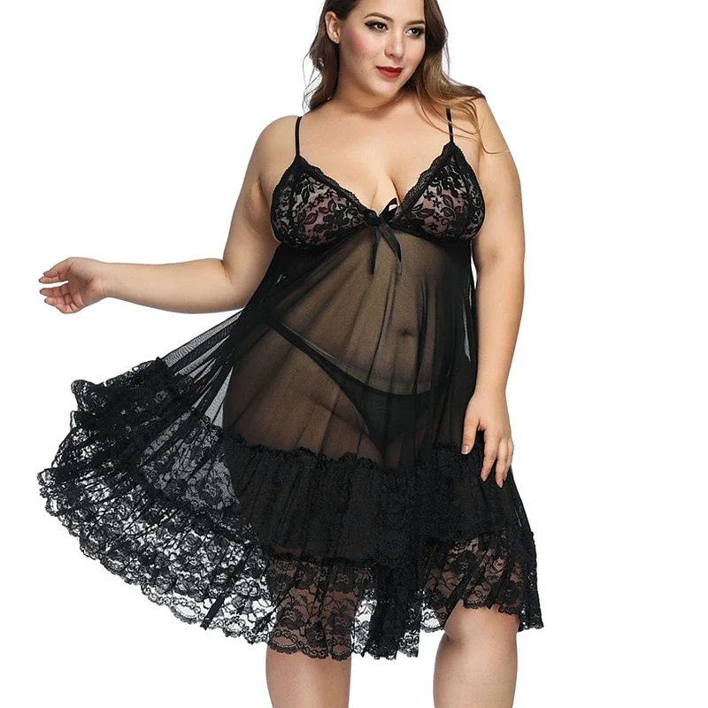 6XL Big Size Sexy Nightdress with Thong Hot Erotic Dress See-Through Lace Women Sleeveless Pajama Sexy Dress Nightwear Underwear