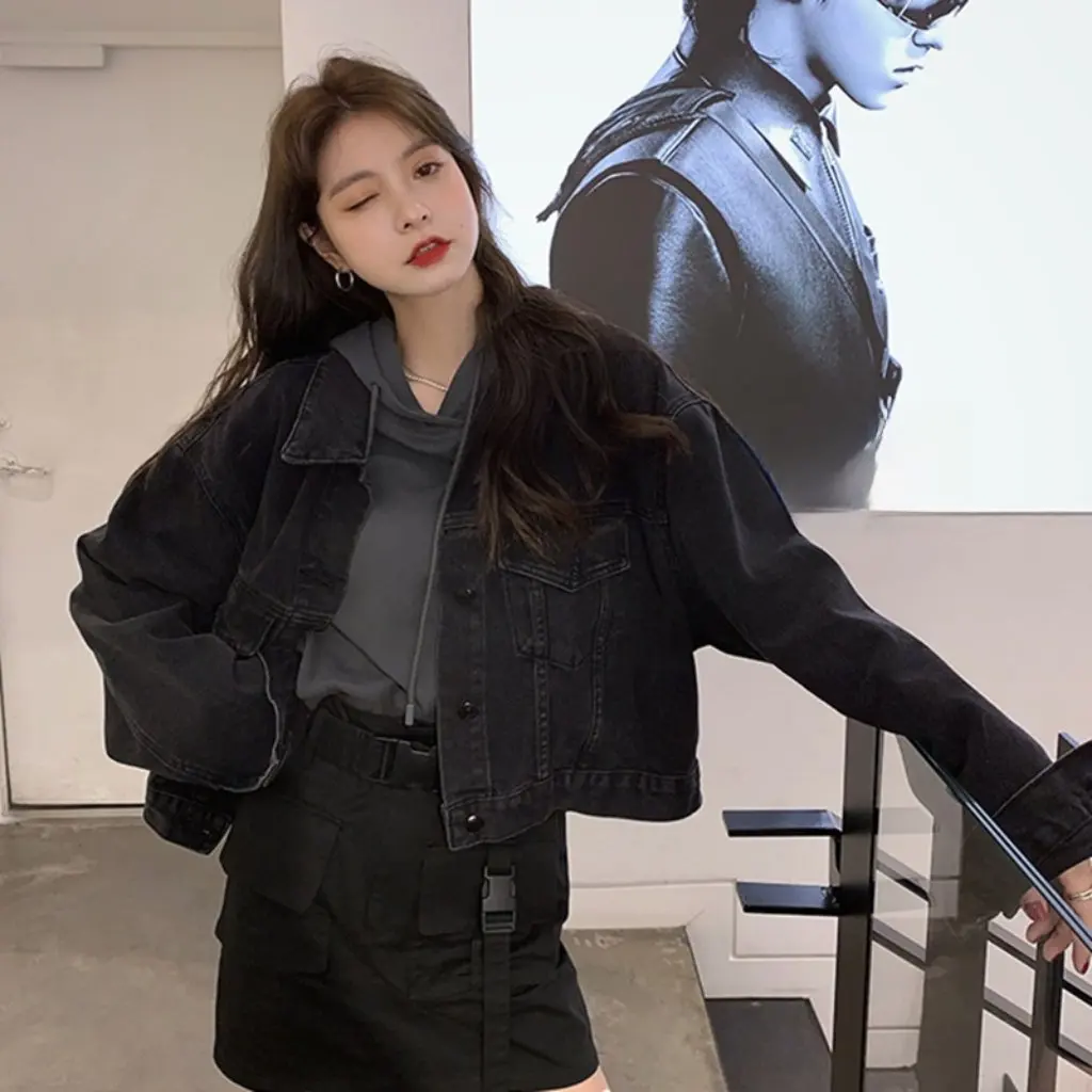 Women's Black Bat Sleeve Short Denim Jacket Korean Style Loose Bf Hong Kong Trendy Student Jacket for Spring & Fall