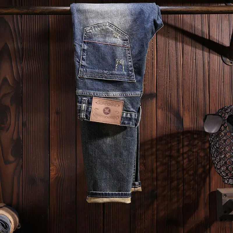 Fashion Designer Men Jeans High Quality Retro Washed Blue Y2K Stretch Slim Ripped Jeans Men Italian Style Vintage Denim Pants