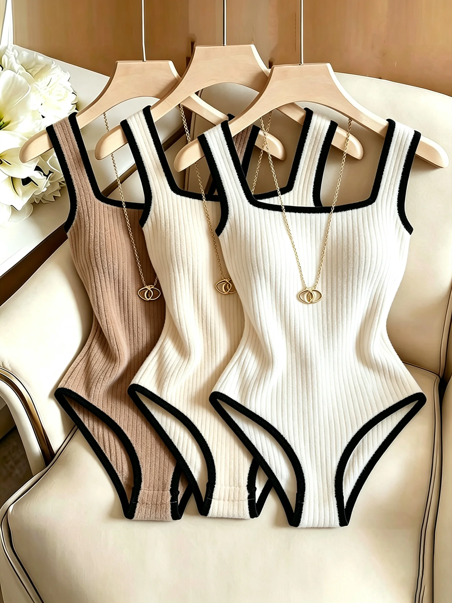 Eleganter Kontrastbesatz Quadratischer Ausschnitt Gerippter Strick-Bodysuit Ärmellos Schlanke Passform Dehnbarer Basic Damen Tank-Top Bodysuit