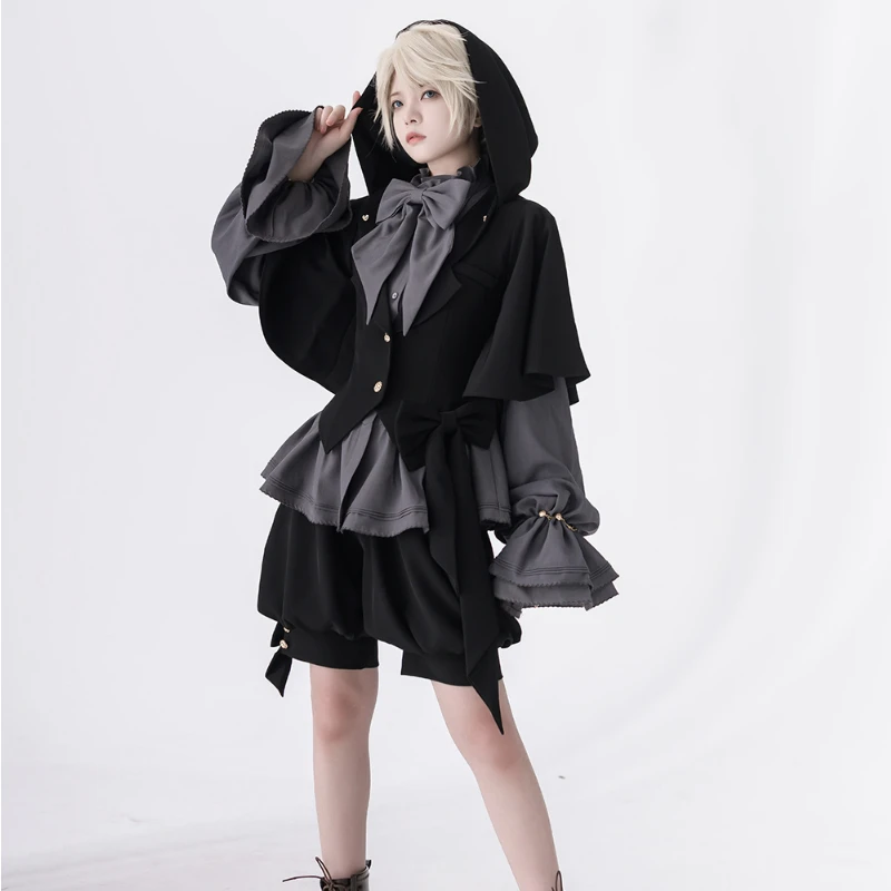 

Vintage Gothic Lolita Shorts Suit Women Harajuku Y2k Bunny Ear Hooded Cloak Coat JK Bow Shirts Japanese Dark Princess Chronicles