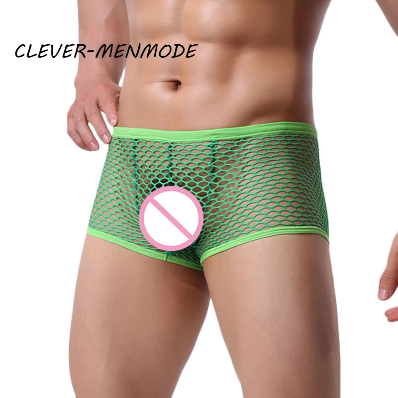 Men\'s Sexy Underwear Breathable Mesh Hollow Out Boxer Shorts U Convex Transparent Underpants Cueca Masculina Lingerie Trunks