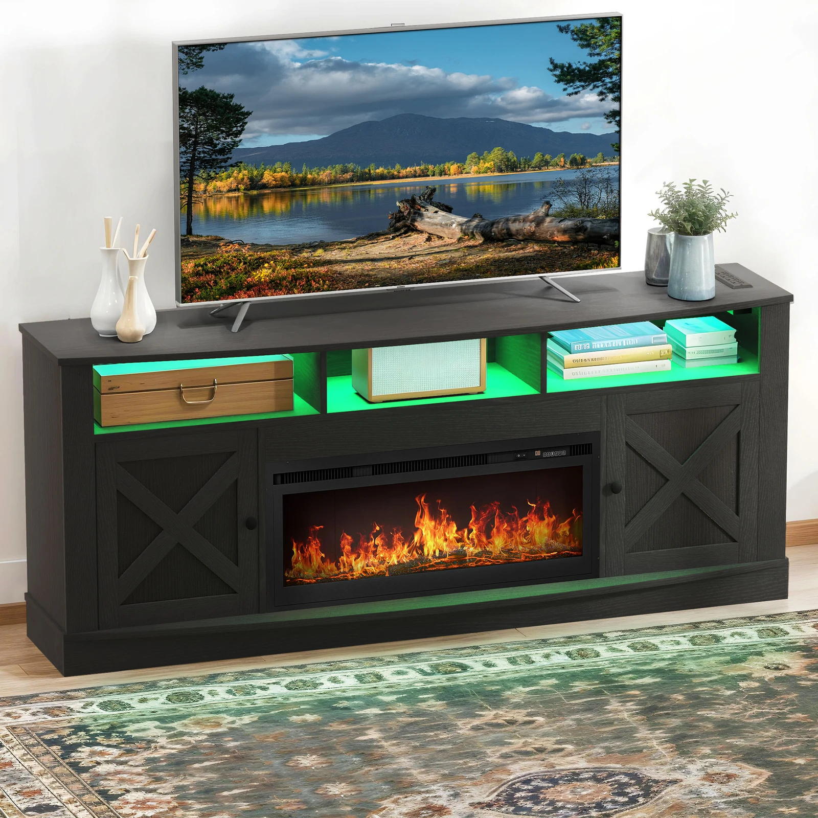 

TV Stand With Open Shelves LED Power Outlets for 50 to 80 inch TVs Console