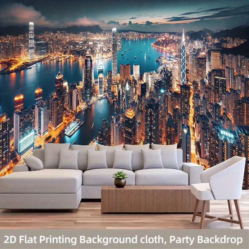 Hong Kong Skyline Tapestry 2D Flat Wall Hanging City Night View Decor for Living Room Bedroom Urban Art Fabric Poster