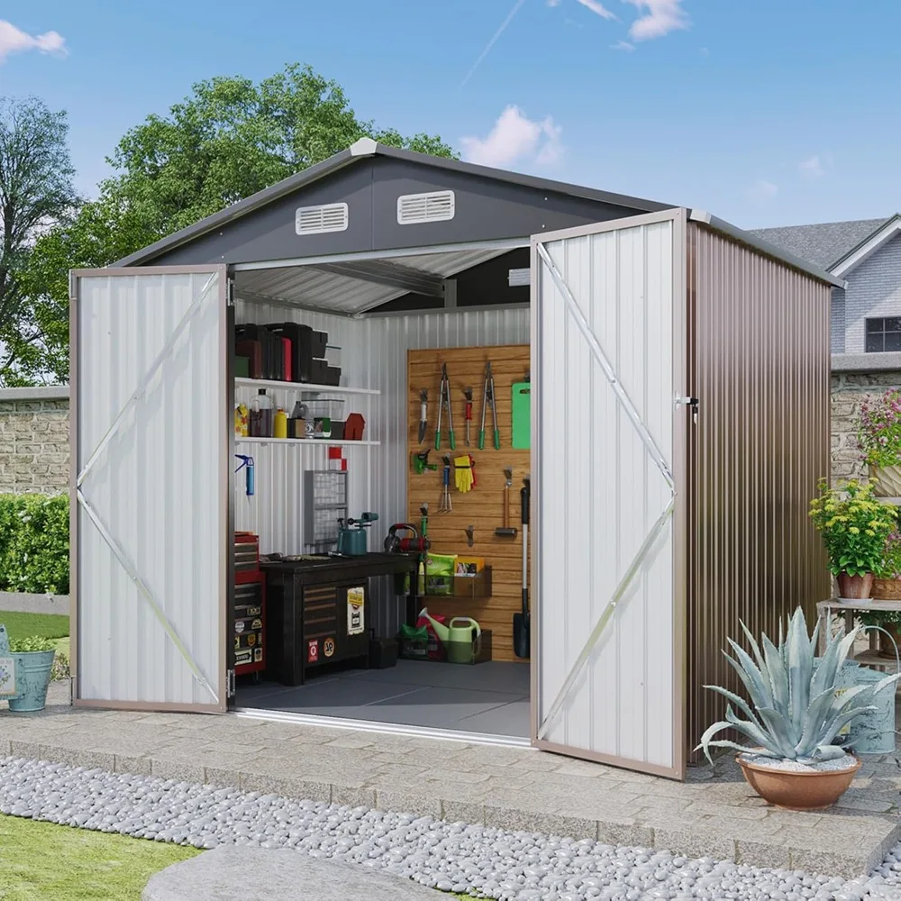 

7x5 FT Outdoor Storage Shed, with Floor Garden Metal Shed, with Lockable Door Outdoor Large Shed for Tool, Garbage Can, Bike