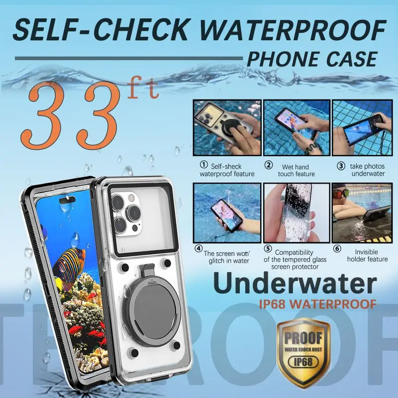 Self-check Leak Water General Size 30 Meter 33FT Deep Waterproof Case For Huawei Honor Xiaomi Oneplus Samsung iPhone Diving Swim