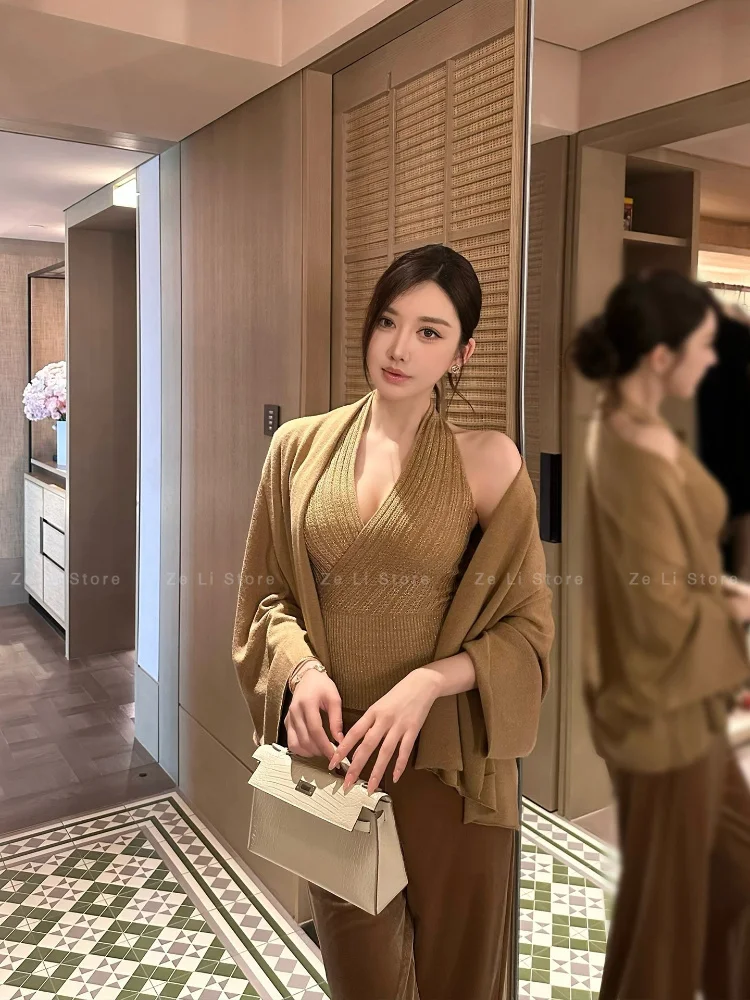 Light Luxury Wool Knitted Cardigan Jacket Women's Waist Sexy Neck Vest Muse Temperament Suit