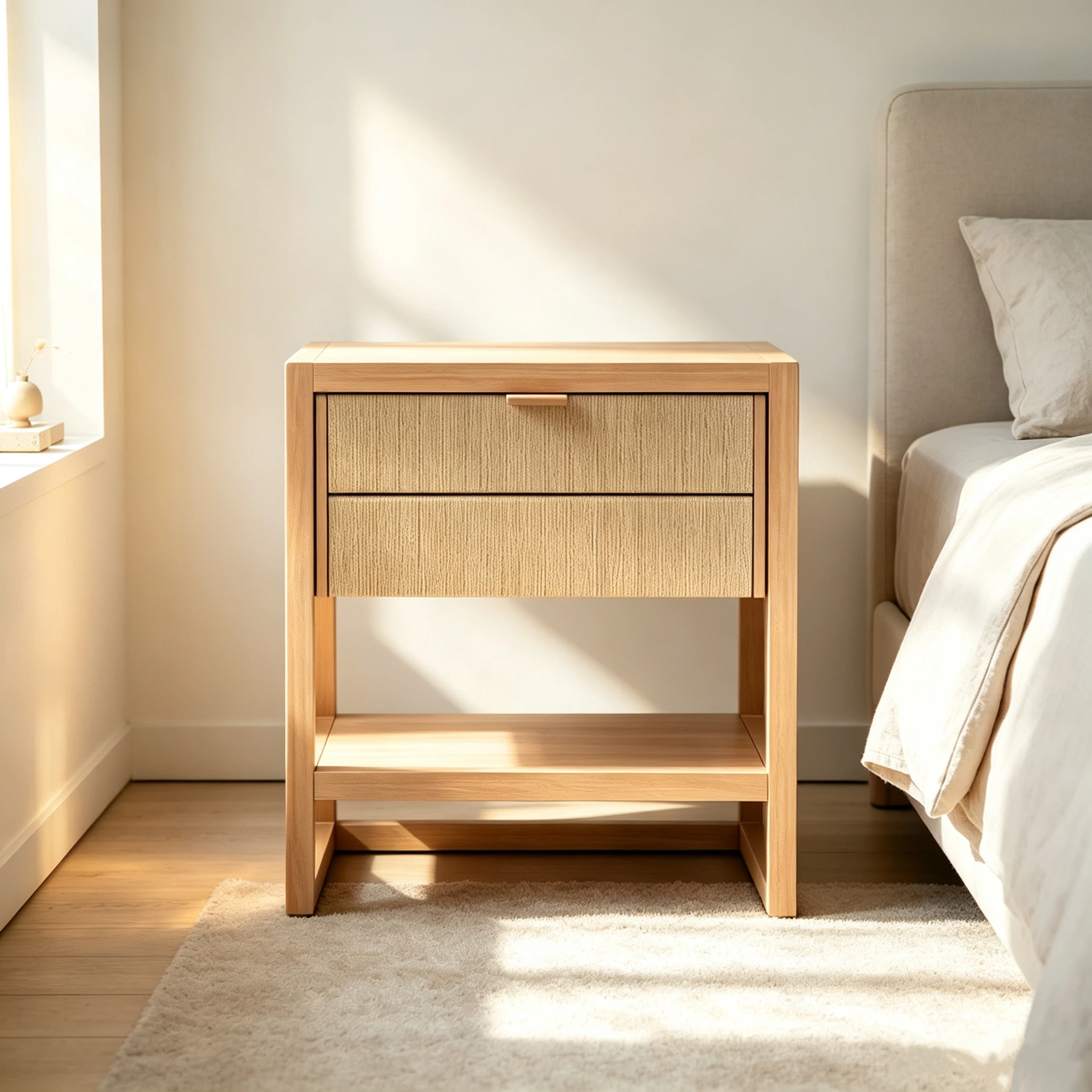 xx-Modern Minimalist Style Bedroom Furniture Solid Wood Paper Rope Woven Beside Table Nightstand for Apartment Bedroom&