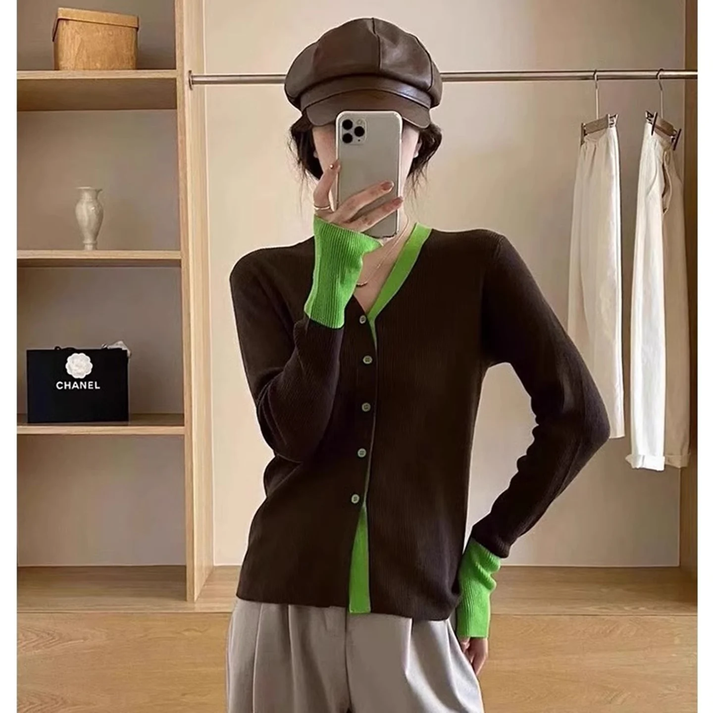 

Cardigans Long Woman Sweaters Womens Autumn Skew Chic Fashion Patched Placket Rib Harajuku Flocking Knee High-Waisted Spliced OL