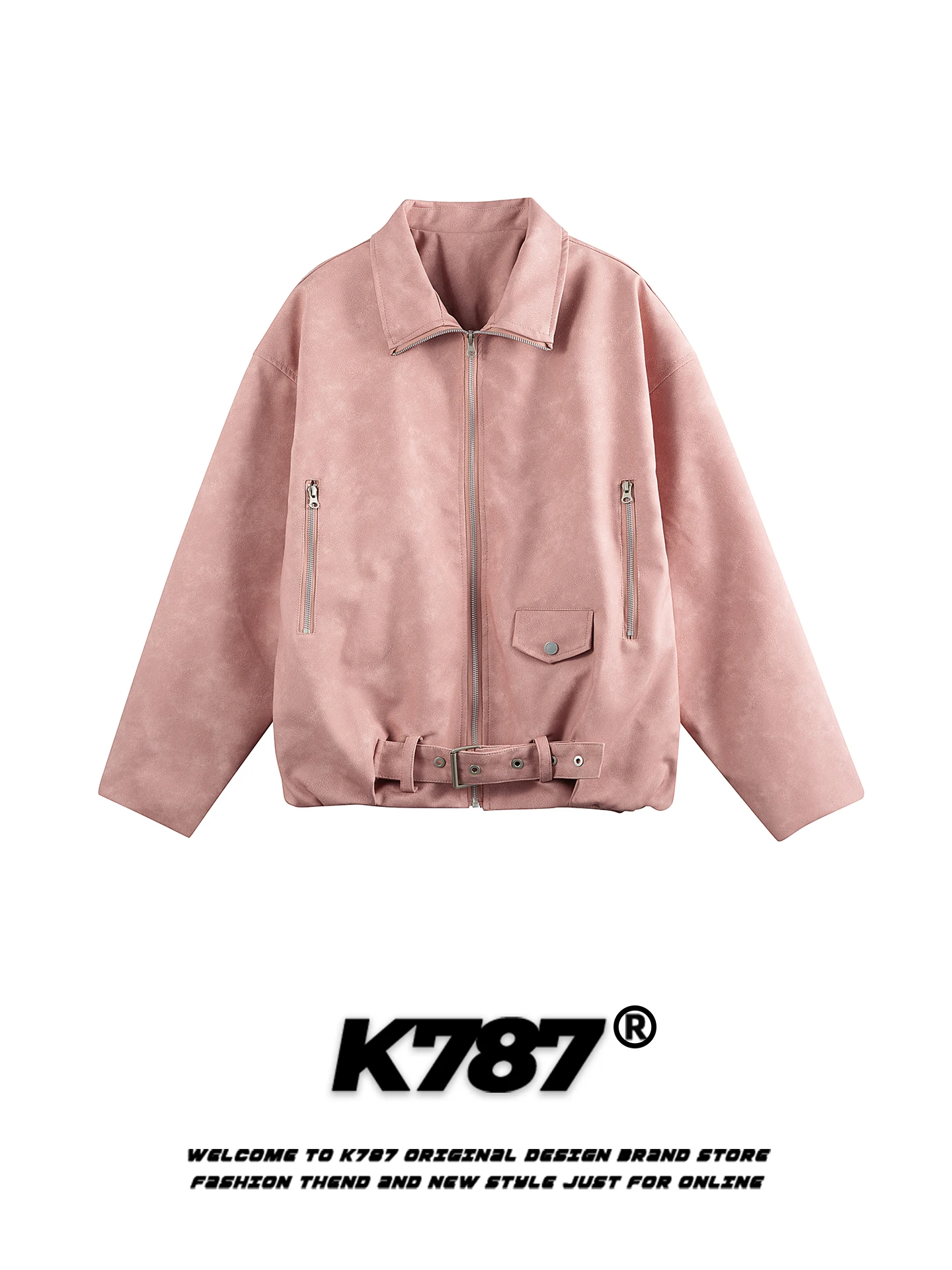 

K787 American Sle Casual Loose PU Leather Jaet for Men And Women Spring Faionable Motorcycle Sle Couple Coat Pink