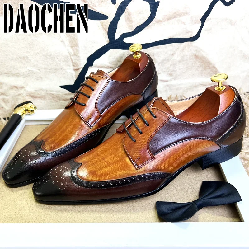 Zapatos de cuero con cordones para hombre, calzado de vestir, Oxford, Punta puntiaguda, colores mezclados, marca de lujo, boda y oficina