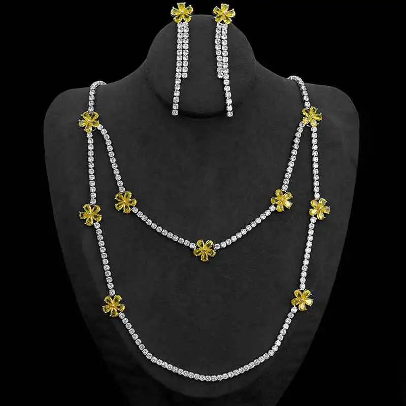 

HIBRIDE Two Layers Yellow Color Flower Shape Cubic Zirconia Jewelry Sets For Women 2pcs Necklace And Earring Set Party Gift N-92