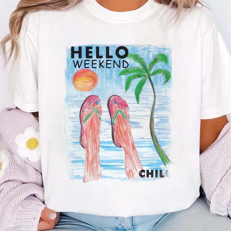 Birds Pattern Printed Cartoon T-Shirt Top Street O-Neck Regular Summer Travel Style Cute Short Sleeved Popular White T-Shirt